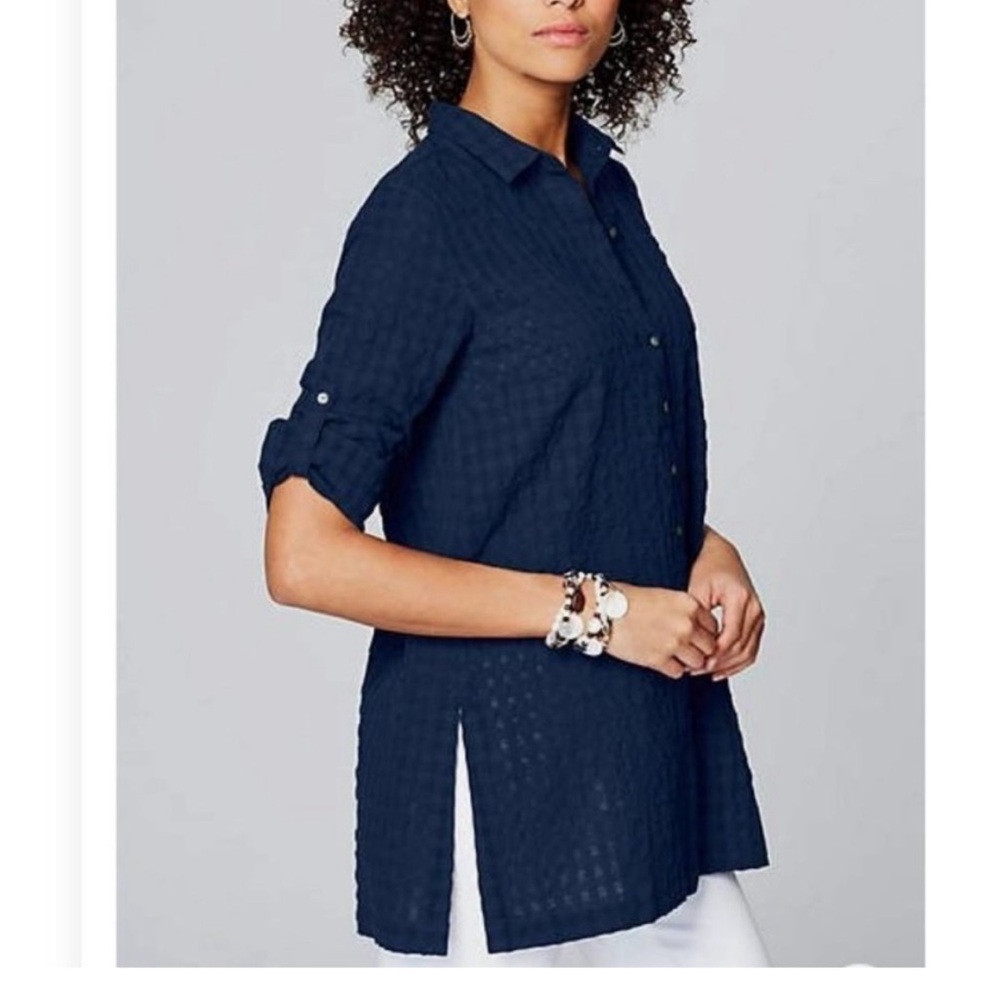 J Jill Button Up Tunic Top Gauze Textured Navy Blue Cotton 3X Roll Tab Sleeves - Picture 3 of 4